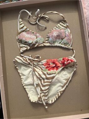 Vix Cream and Tan Striped Sequin Bikini Top